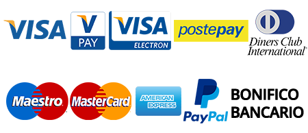 Visa, V-Pay, Visa Electron, PostePay, Diners Club International, Carta Maestro, MasterCard, American Express, PayPal, Bonifico Bancario